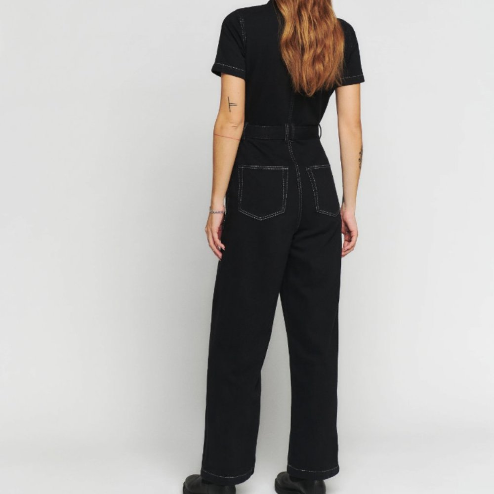 Reformation Cassidy Black Denim Jumpsuit, Size 10 - Picture 3 of 9